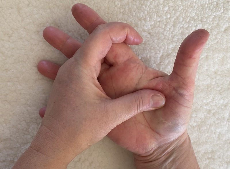 Photo of two hands together, one hand massaging the muscle below the thumb of the other hand.
